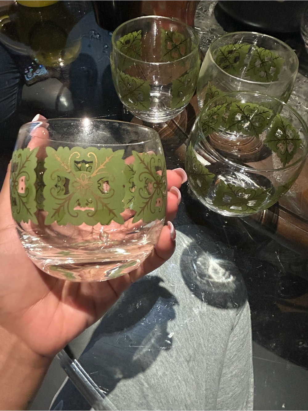 Vintage-Inspired Green Floral Glass Tumbler - Set of 4